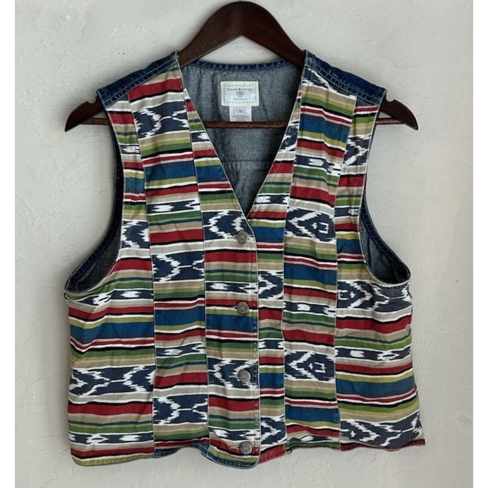 Vintage 90s Susan Bristol Vest Top M‎ Denim Boxy Western Boho Cowgirl Retro